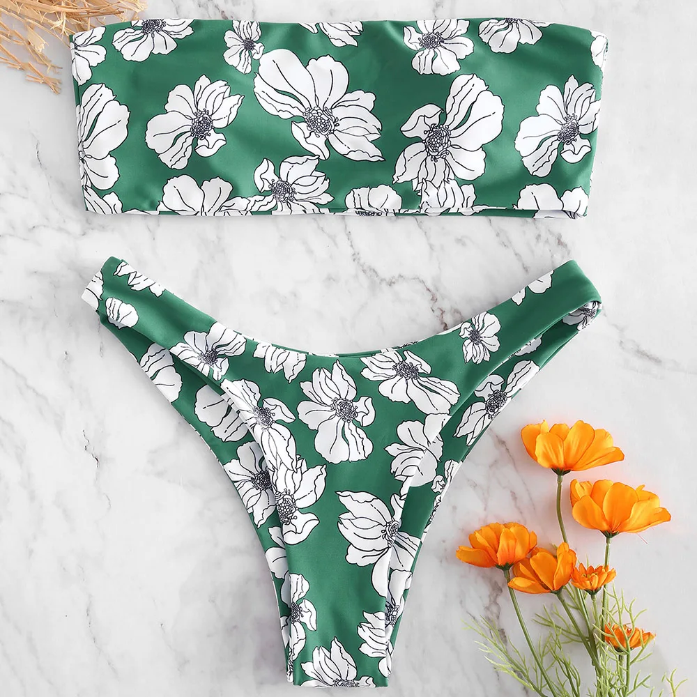 

ZAFUL Flower Print High Cut Bandeau Bikini