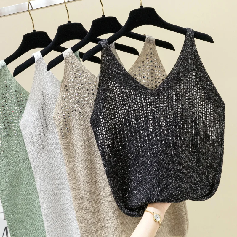 

Crop Top Women V Neck Knitting TShirts Condole Vest Female Summer Outwear Diamond Fashion Tank Tops Casual Loose Streetwear