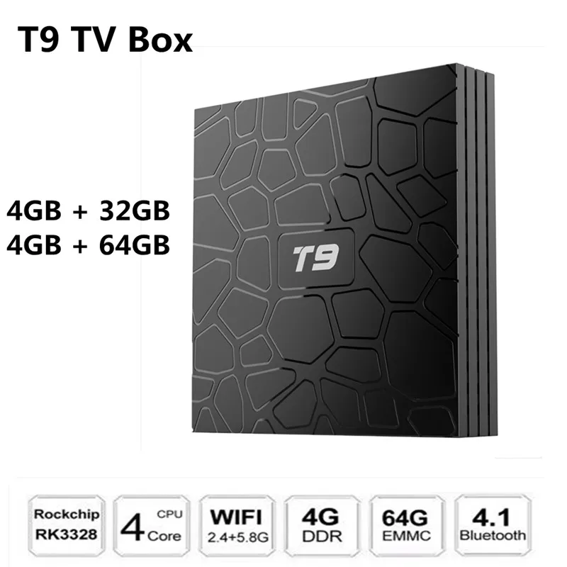 

T9 Smart WiFi TV Box Android 8.1 Rockchip3328 4GB RAM 64GB ROM 2.4G 5.8G WiFi Set Top Box USB3.0 Bluetooth 4K H.265 Smart Box