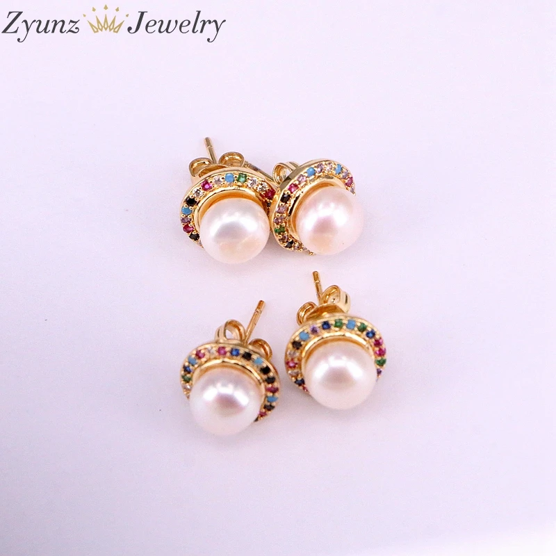 10 пар в комплекте; ZYZ336-7846 золотая, радужная круглые, с цирконом перламутровые сережки-гвоздики, Ухо Стад Серьги ювелирные украшения подарок для Для женщин