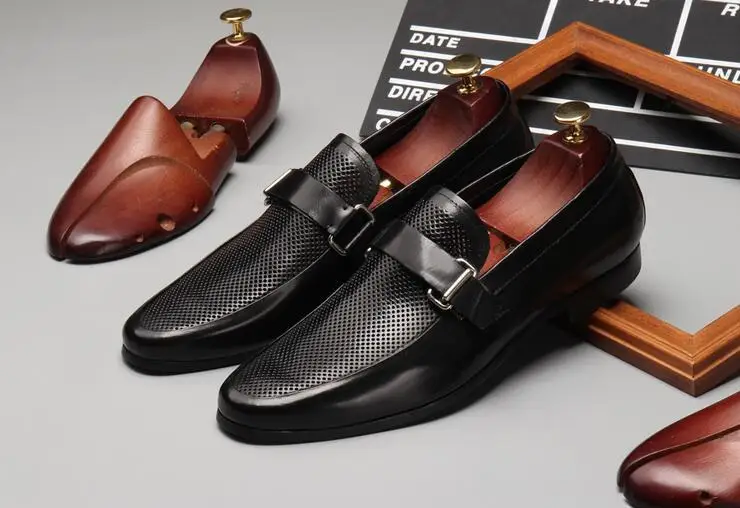 

Black Genuine Leather Cutout Breathable Fashion Flats Oxfords Shoes 2018 Spring Formal Male Groom Wedding Oxfords Shoes Sapatos