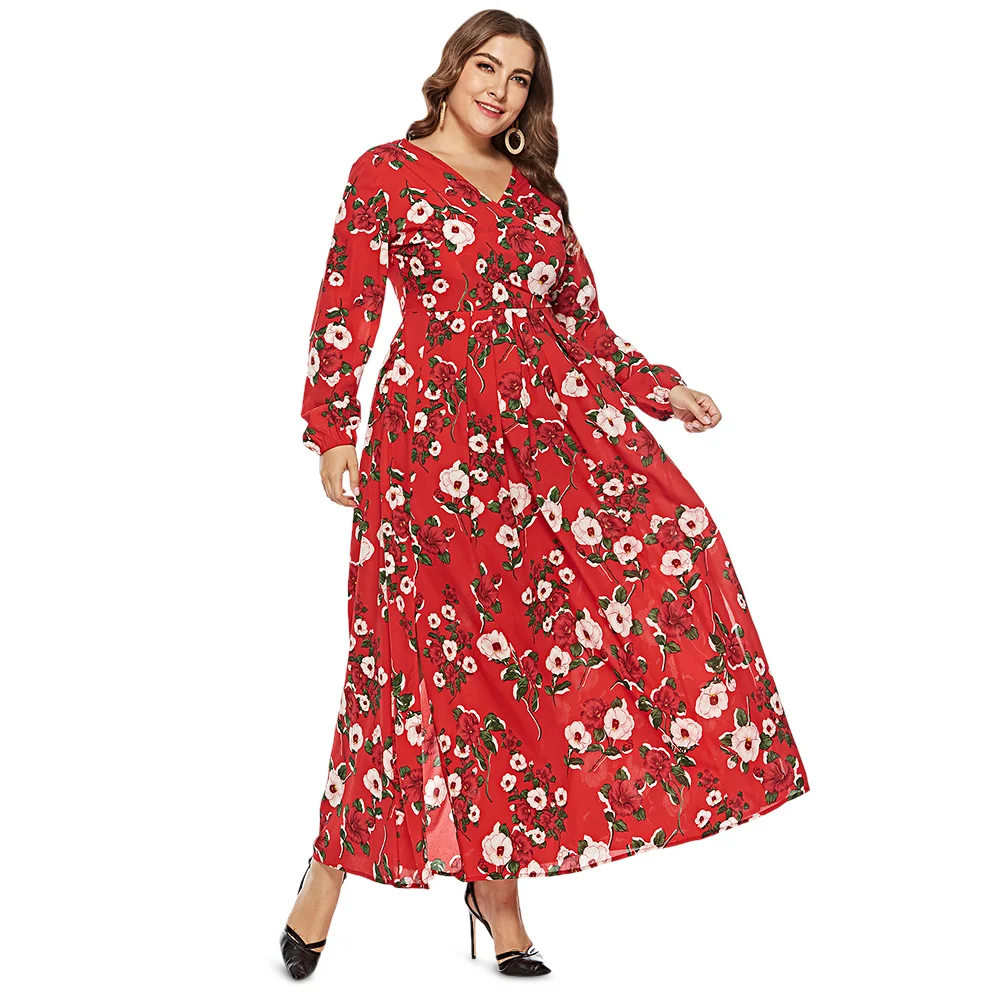 ZAN.STYLE Fashion Women V Neck Long Sleeve Dress Floral Print Plus Size ...