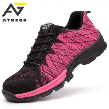 

Women Work Safety Shoes Woman AtreGo Steel Toe Workshoes Mesh Breathable Industrial Safety Labor Insurance Puncture Proof Shoes