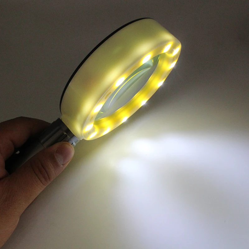 10X Handheld Magnifier Illuminated Magnifying Glass Jewelry Loupe w/ 12 LED Optical Glass Lens Magnifier f/ Antique Appreciation