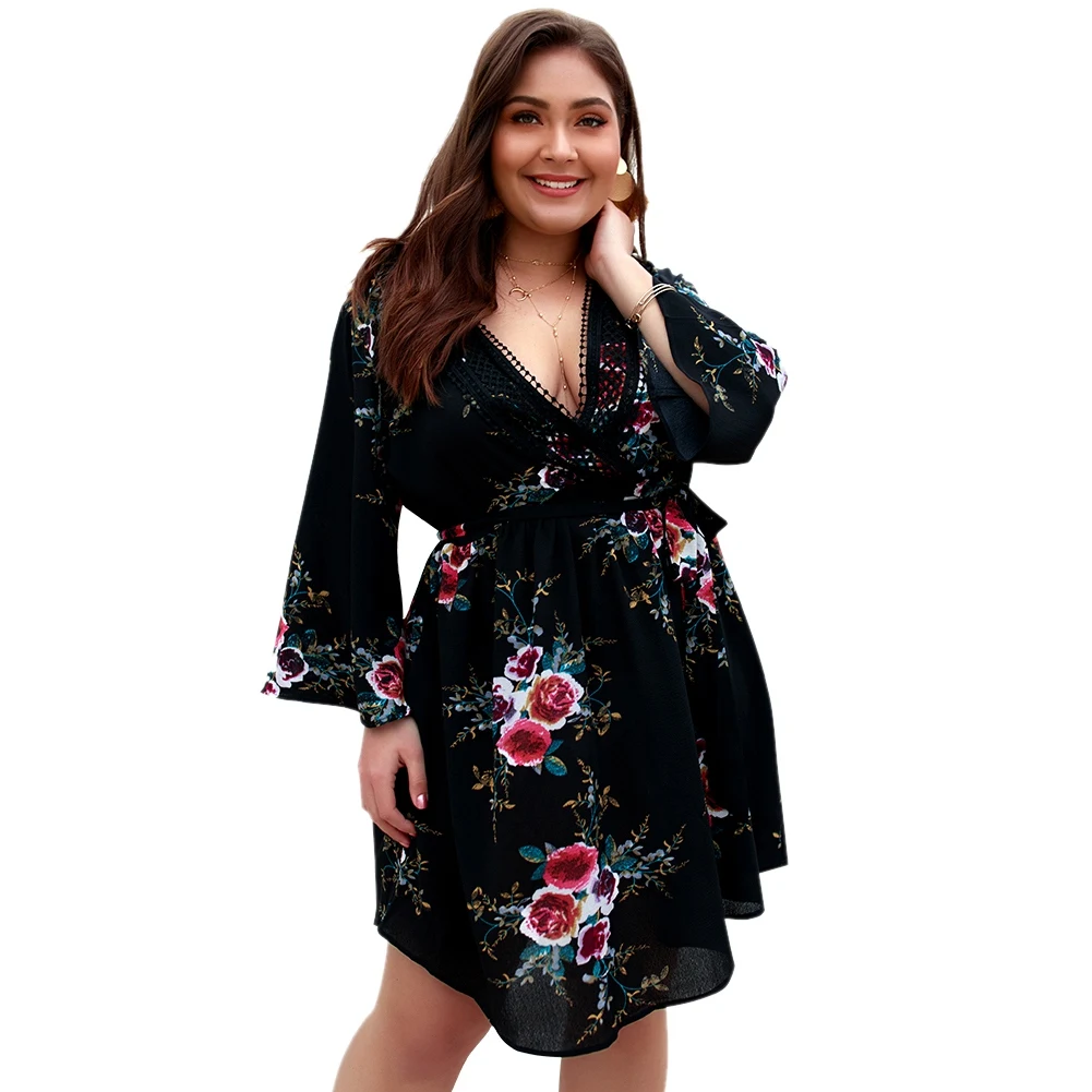 

Plus Size Women Short Dress Boho Floral Print Lace V-Neck Flare Sleeve Dress Lady Bohemian Holiday Elegant Chic Sash High