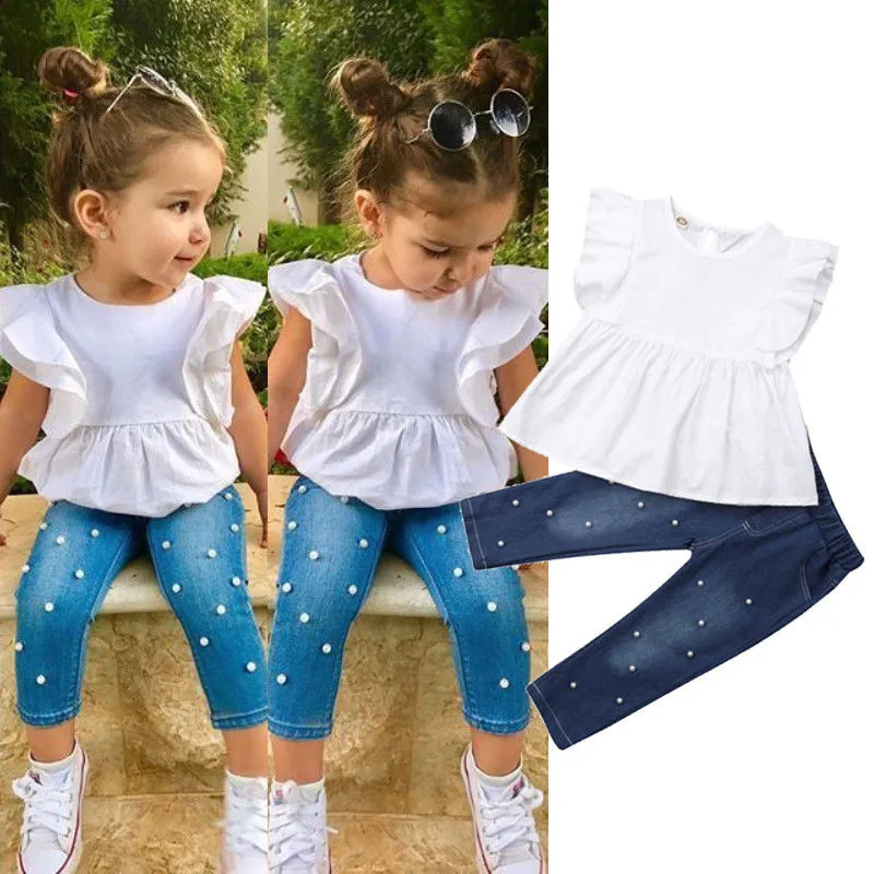 

Toddler Baby Girls clothes round neck Ruffle sleeveless solid pullover T-shirts Denim pocket Geometry Pants 2pc Kids Outfits