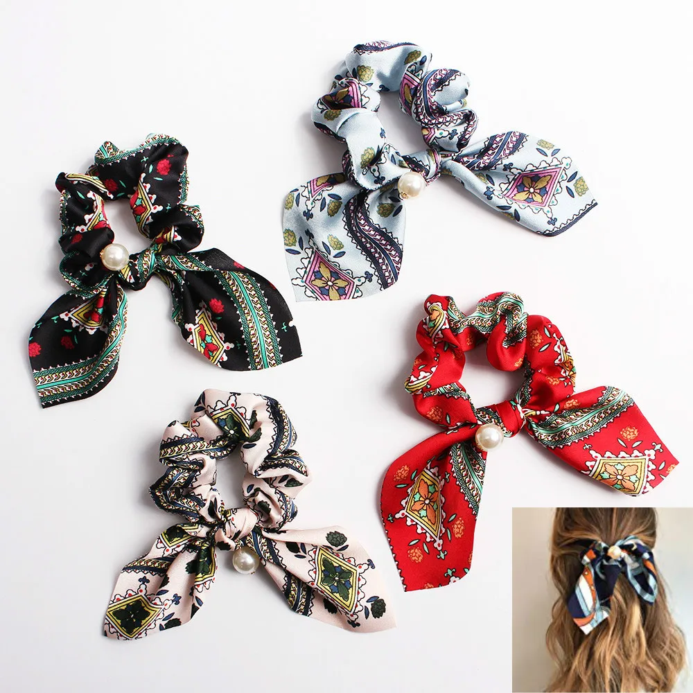 

Knot Scrunchies For Women Ethnic Style Floral Printing Satin Hair Ribbon Pearls Hair Ties Scrunchy For Ponytail Hair Accessories