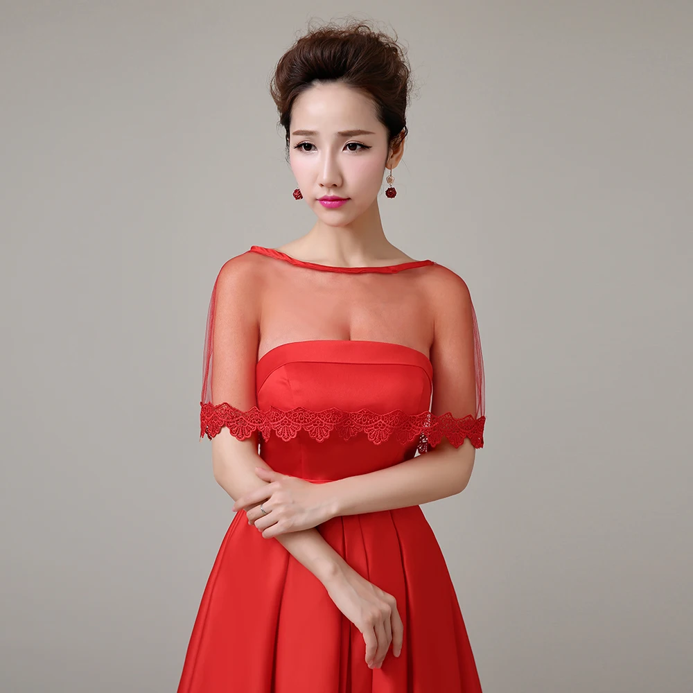 

Women Evening Dress Cover Up Wrap Red Applique Edge Short Cape Tulle Sheer Summer Shawl for Wedding Bridal Handmade