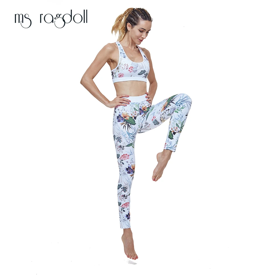 

Two Piece Suit Women Floral Print Yuga White Set Women Fitness Pants High Waist Leggings Push Up Yuga Pants Summer Sportswear