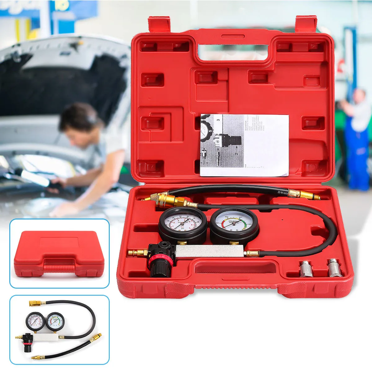 

0-100PSI Cylinder Leak Tester Compression Leakage Detector Kit Set Petrol Engine Gauge Tool Double Gauge System Automobile Tools