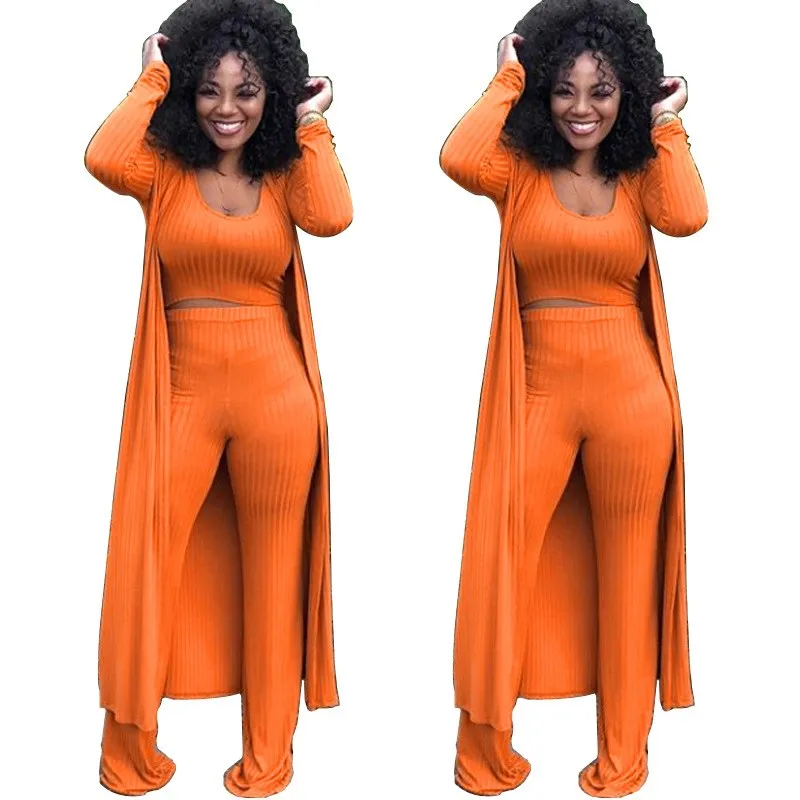 

Autumn Sexy 3 Three Piece Matching Suit Winter High Elastic Crop Top And Wide Leg Pant And Long Cardigan Women Sets