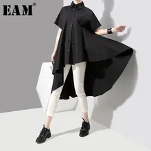 Женское асимметричное платье рубашка [EAM], черное свободное плиссированное платье с отложным воротником и длинным рукавом, модель JH439, весна осень 2020