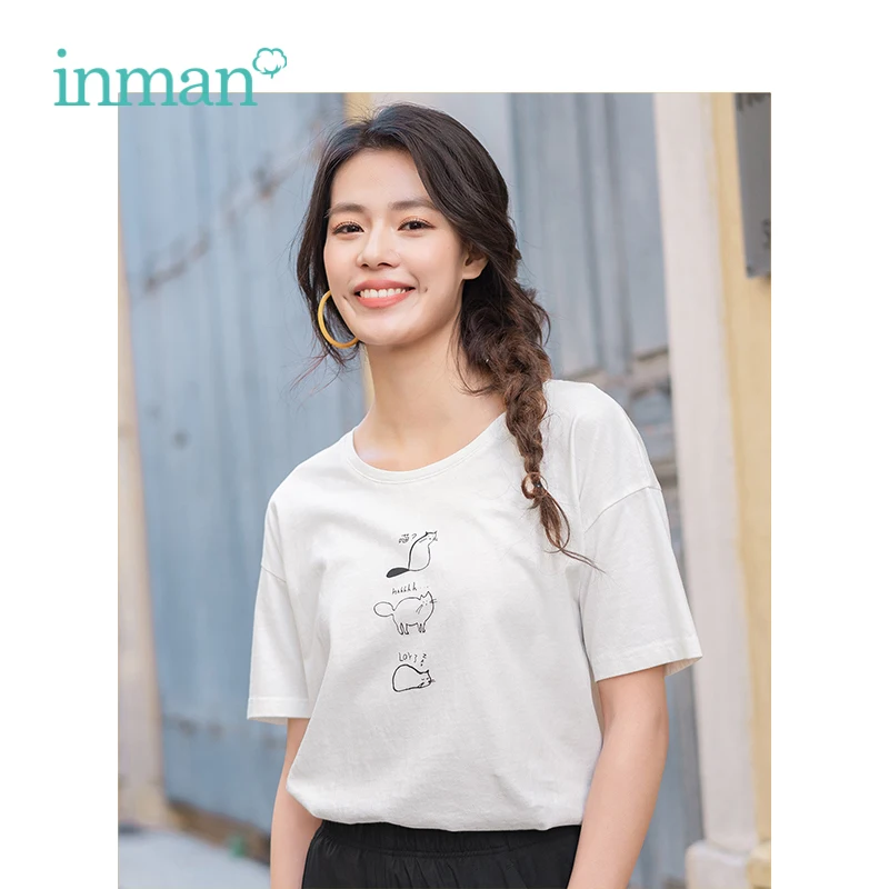 

INMAN 2019 Summer New Arrival O-neck Cat Print Korean Fashion All Matched Casual Slim Short Sleeve Women T-shirt