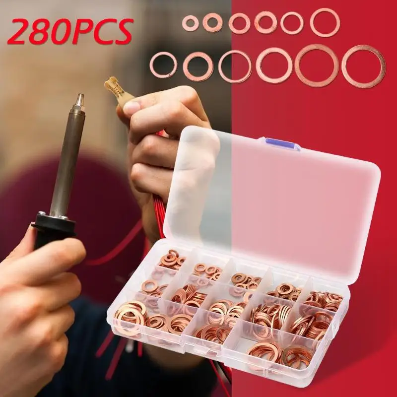 

280pcs Professional Assorted Copper Washer Gasket Set Flat Ring Seal Assortment Kit M5-M20 with Box For Hardware Accessories