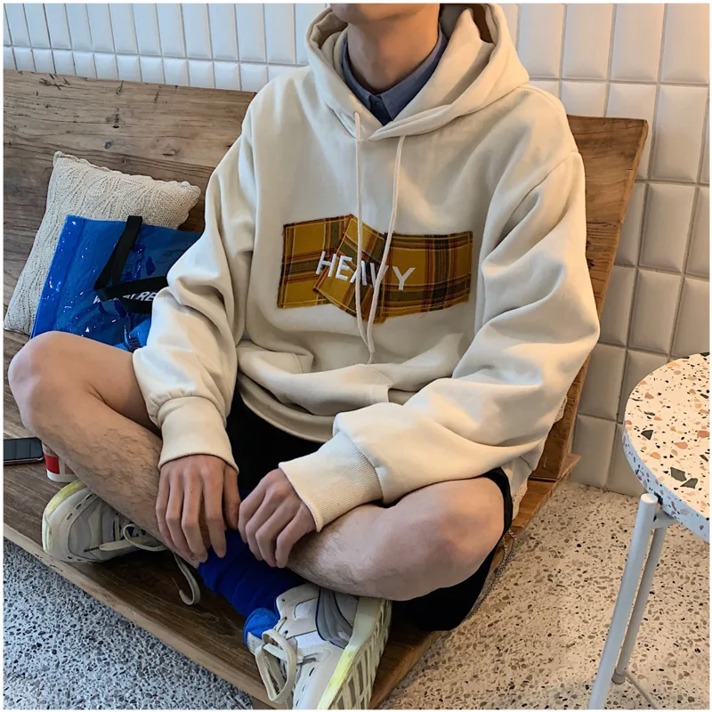 

2019 Spring And Autumn New Trend Men's Patch Cotton Hooded Shirt Couple Loose Hooded Shirt Beige / Navy Blue M-XL