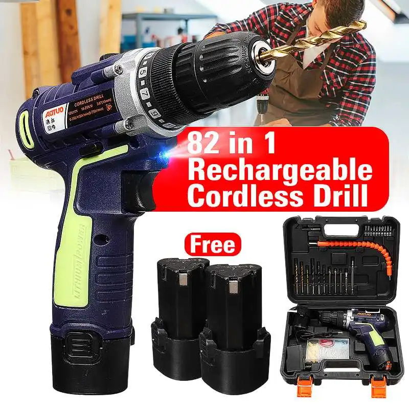 

AOTUO 12V Li-Ion Cordless Power Drills Kit Electric Screwdriver Single /Double Speed 2 Battery