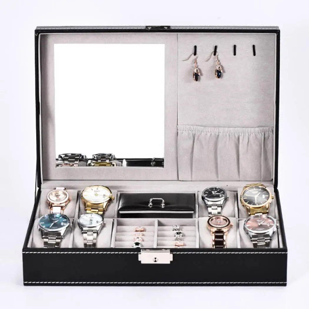 

Lether Jewelry Watch Display Box Collection Case Holder Organizer Earrings Rings Storage with Metal Buckle 8 Slots Mirror Lock