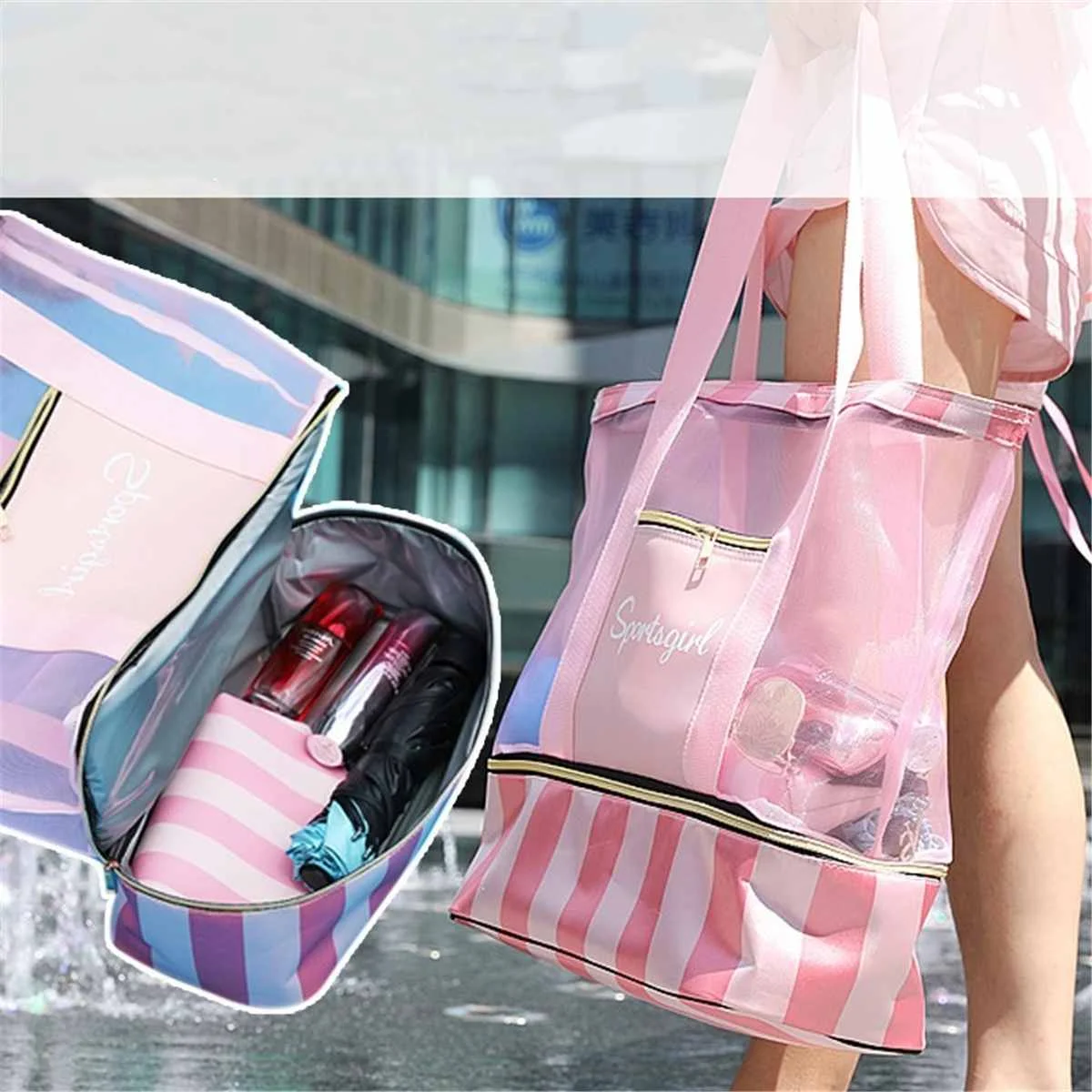 Dry Wet Separate Handbags for Women Waterproof Swimming Mesh Bag Beach
