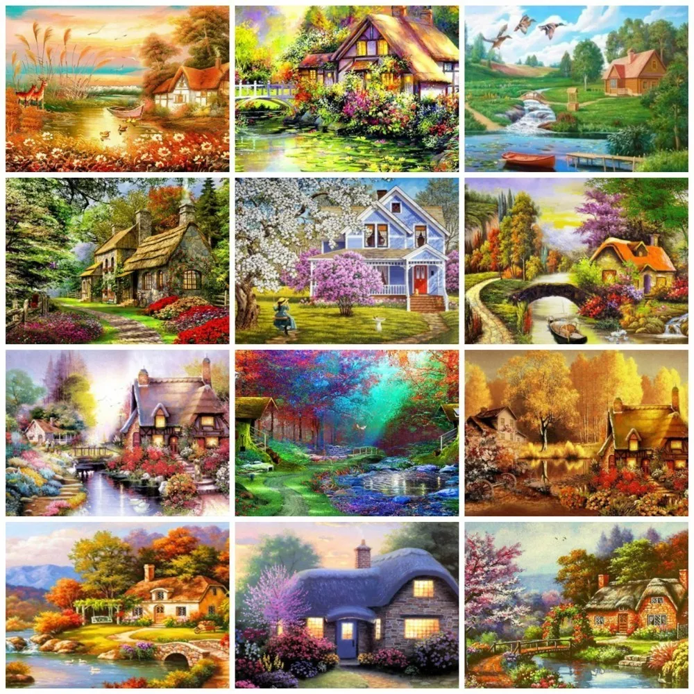 

AZQSD Diamond Embroidery Villa Landscape Diamond Mosaic Picture Rhinestone 5D DIY Full Square Diamond Painting Scenic Home Decor