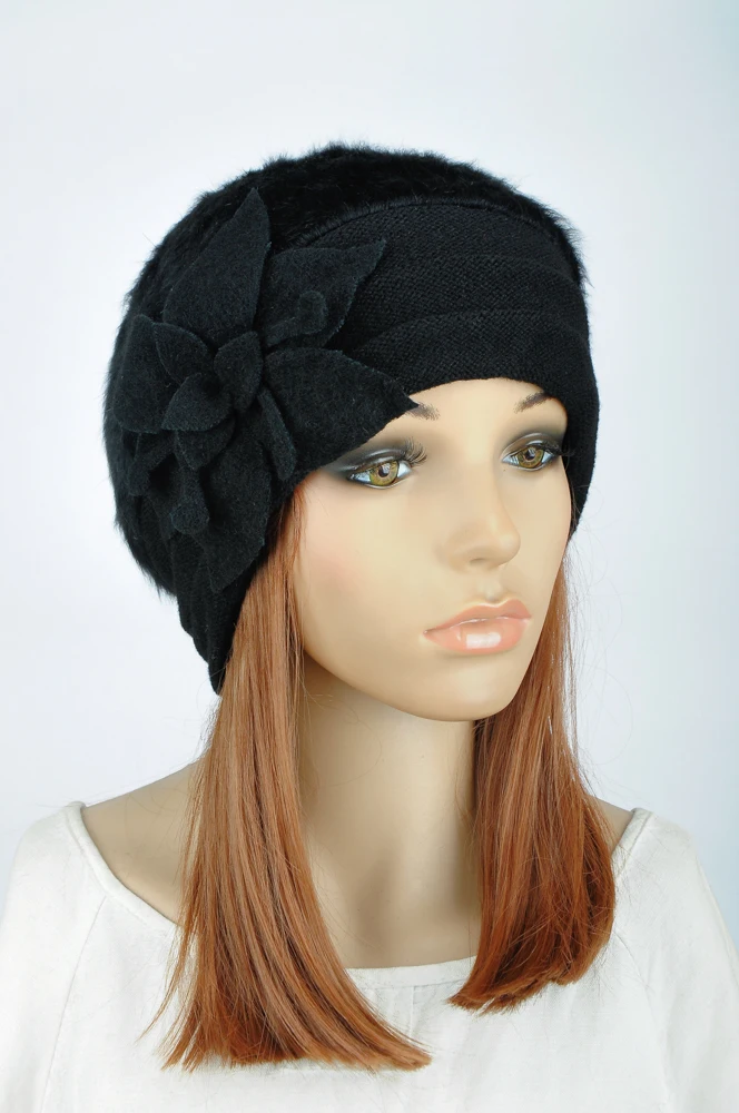 M612 милый цветок зима теплый черный мех кролика и шерсть модное женское платье шляпа бини Кепка выбрать цвет