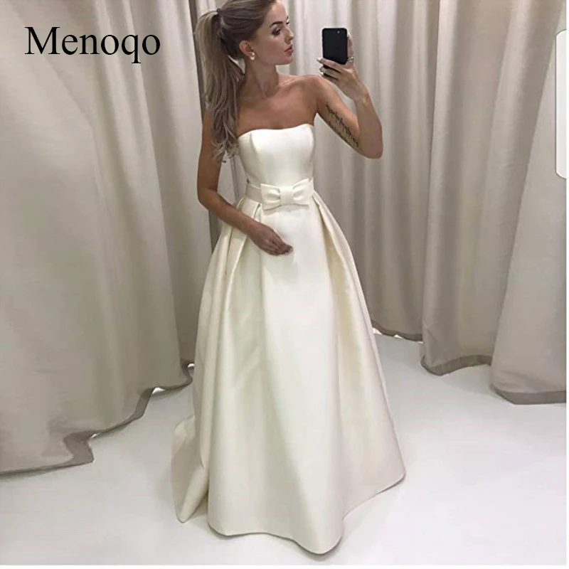 

Menoqo Strapless Backless Bow Tie Long Satin Prom Dresses