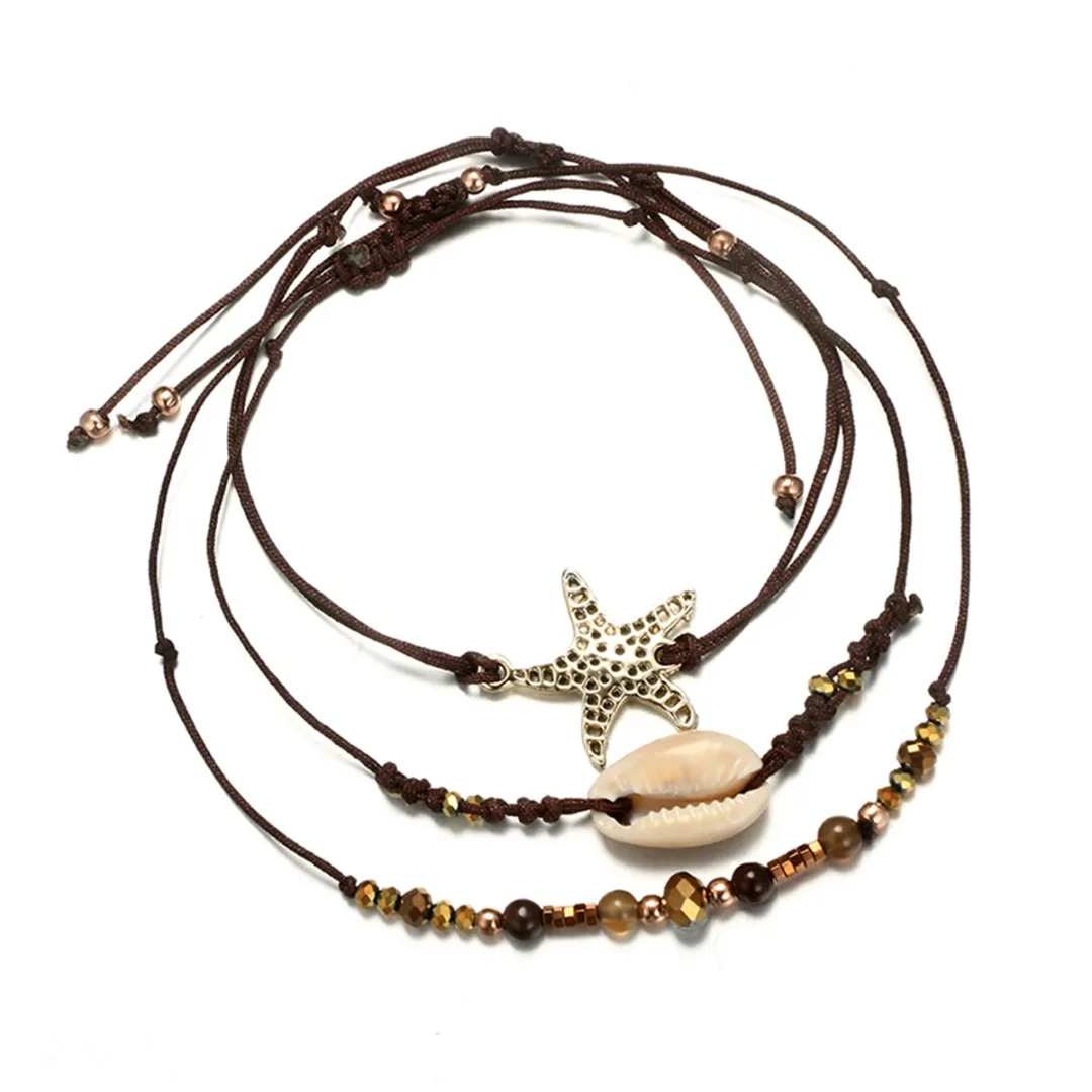 

Boho Summer Beach Starfish Shell Beads Rope Chain Bracelet Unisex Jewelry Shellhard Fashion Adjustable Bangle Anklet 3pcs/Set