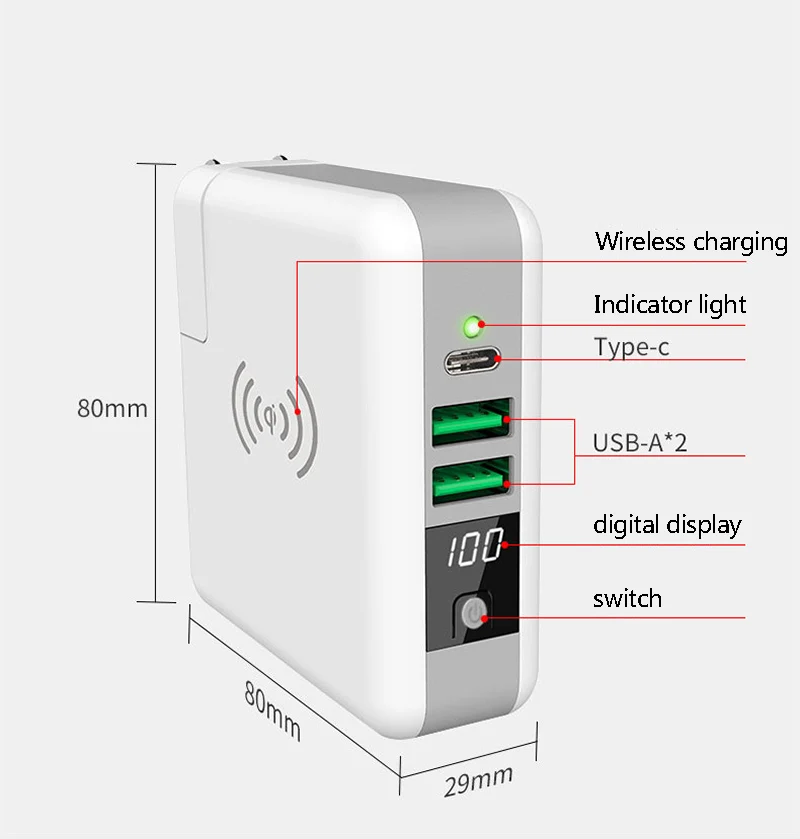 Multi-function charger wireless charging mobile power supply with detachable charging head for iPhone 8 X XS Max Samsung millet Multi-function charger wireless charging mobile power supply with detachable charging head for iPhone 8 X XS Max Samsung millet