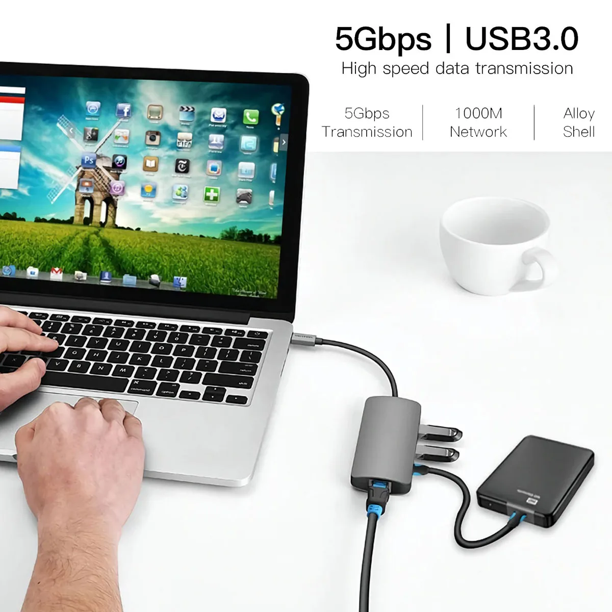 

LEORY CHD Aluminum Alloy USB 3.0 to 3-Port USB 3.0 1000Mbps Gigabit Ethernet RJ45 Hub Network Card for Macbook Laptop PC Tablet