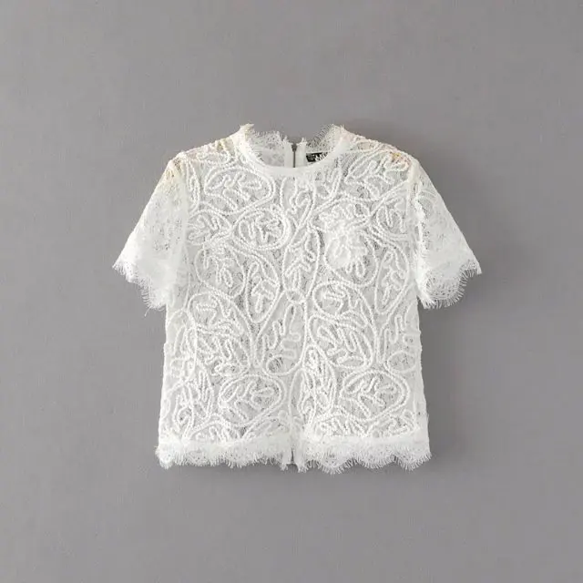 

Spring Summer O Neck Fashion Lace Short-Sleeved Women Blouse Solid Casual Shirt
