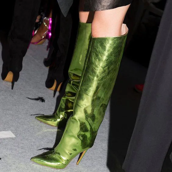 

Sexy Stiletto High Heel Dancing Boots Metallic Leather Knee High Boots Celebrity Shoes Women