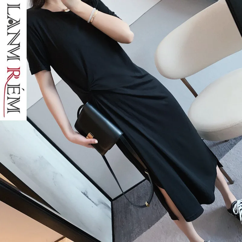 LANMREM Новая Летняя мода корейский стиль Женская одежда круглый вырез короткий рукав плиссированные асимметричные платья WG39303L