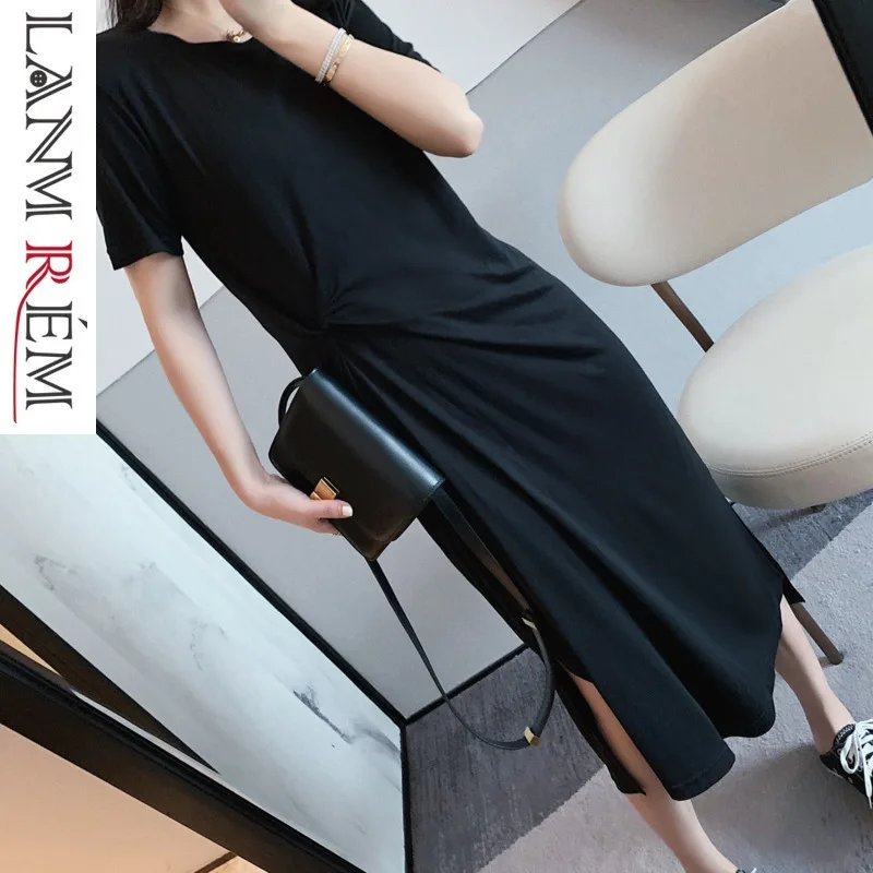 

LANMREM 2019 new summer fashion korean styles women clothes round neck short sleeves pleated asymmetrical dresses WG39303L