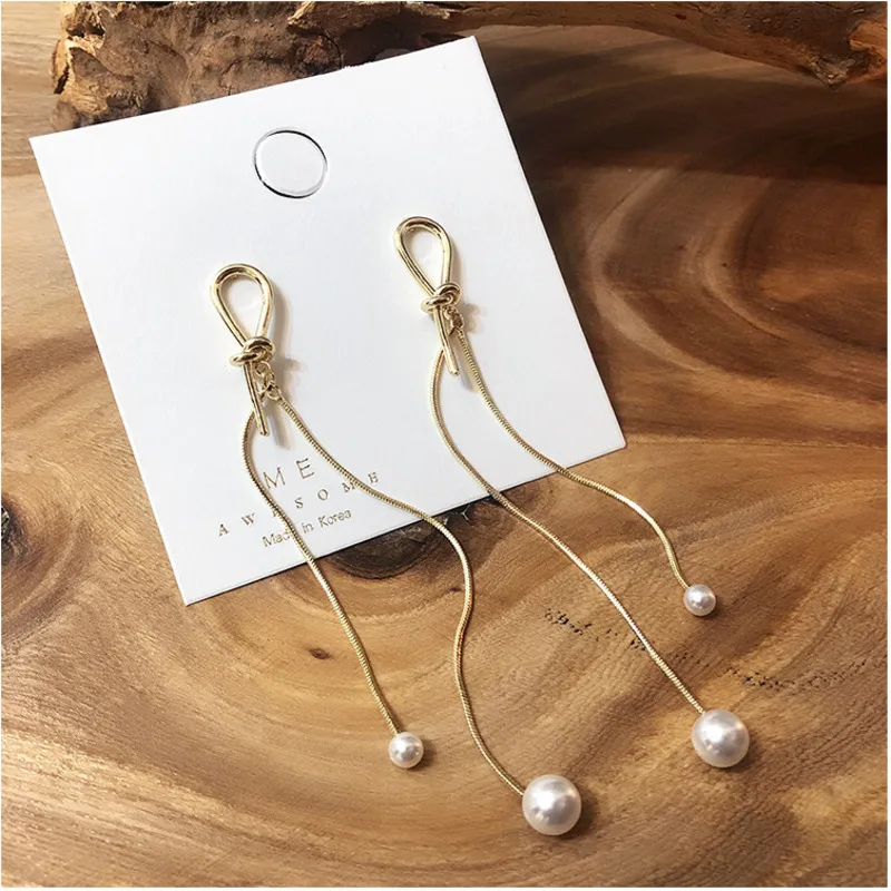 

2019 Korea 925 Sterling Silver Metal Pearl Knotted Geometric Round Long Tassel Drop Dangle Earrings For Women Wedding Jewelry