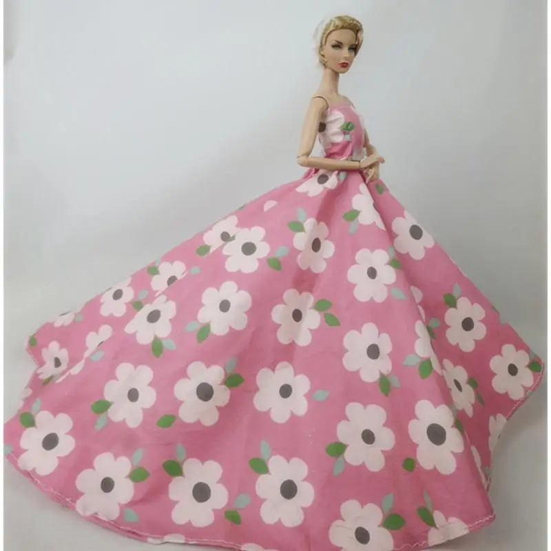 

Mini Pink Flower Printing Multi-layer Long Trailing Lace Dress for 30cm Toy