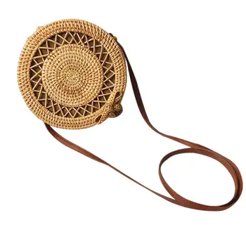 

Women'S Circle Handwoven Bali Round Retro Rattan Straw Beach Bag Crossbody (C)