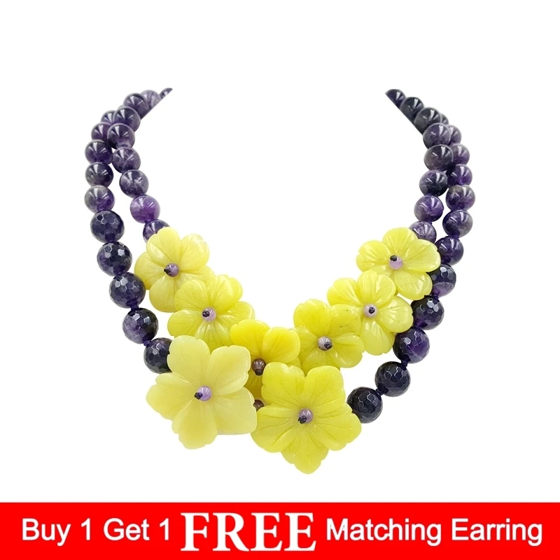 

Lii Ji Natural Amethyst, New Jade Flowers with Jade Toggle Clasp Necklace Fashion Women Jewelry