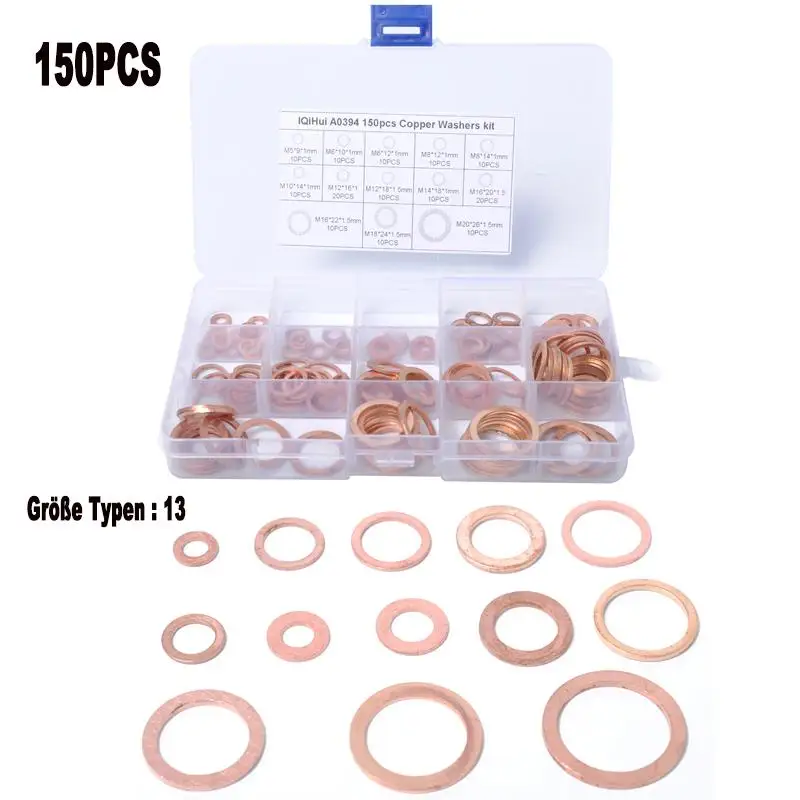 150 шт. 13 размеров плоские медные M5-M20 метрические Уплотнительные Шайбы Ассортимент Набор уплотнительные кольца для лодки раздавливание инструмент Аксессуары