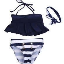 Горячие 3 шт Купальник дети бикини для девочек комплект наряды темно-полосатая повязка на голову купальник для девочки ванный комплект Плавание ming одежда