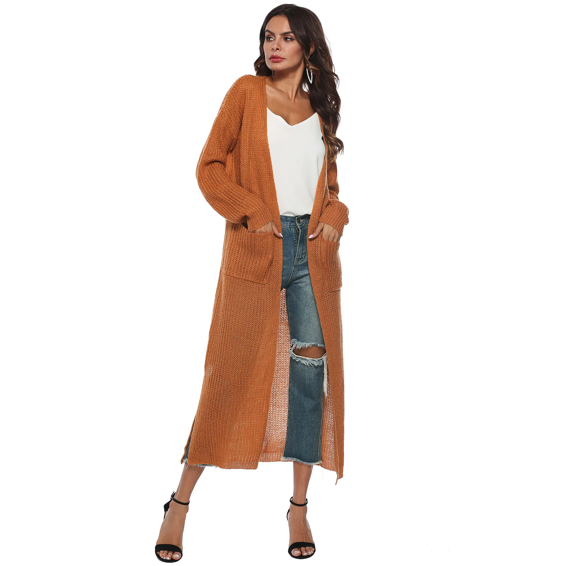 

Irregular Pockets Autumn Winter Open Front Cardigan Sweater Plus Size Women Long Sleeve Pockets Loose Casual Long Cardigan Coa