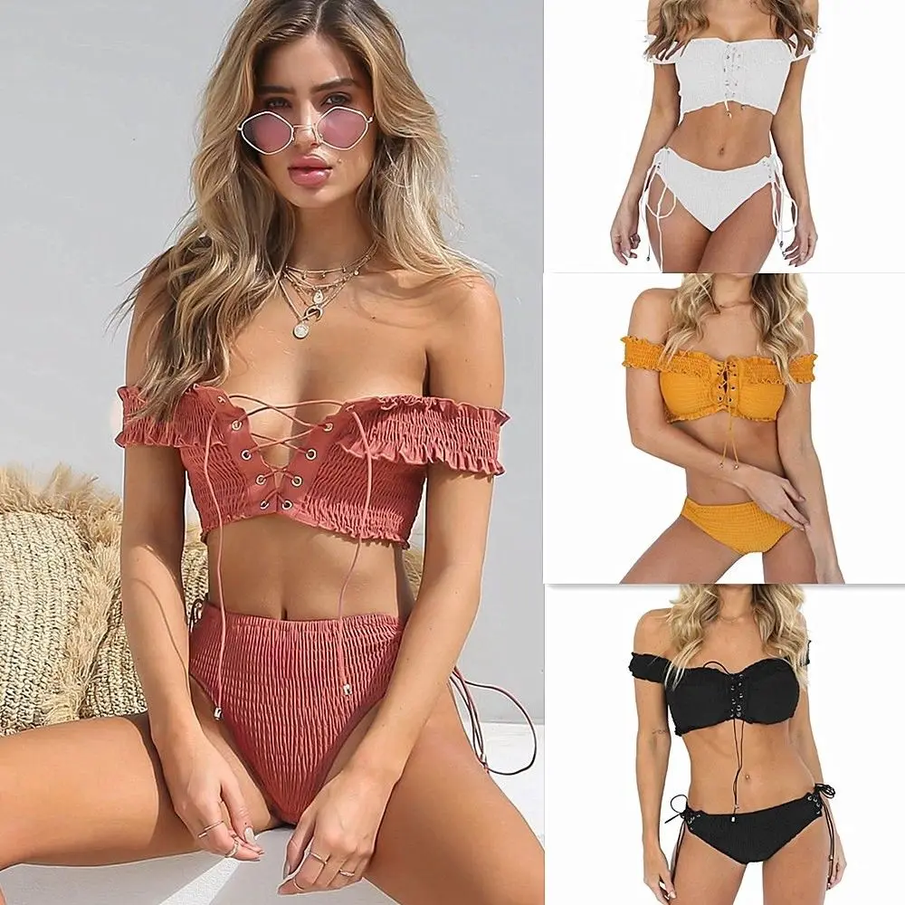 

High Waist Swimsuit 2019 Sexy Bikinis Women Swimwear Ruffle Vintage Bandeau Solid Bandage Bottom Bikini Set Bathing Suits