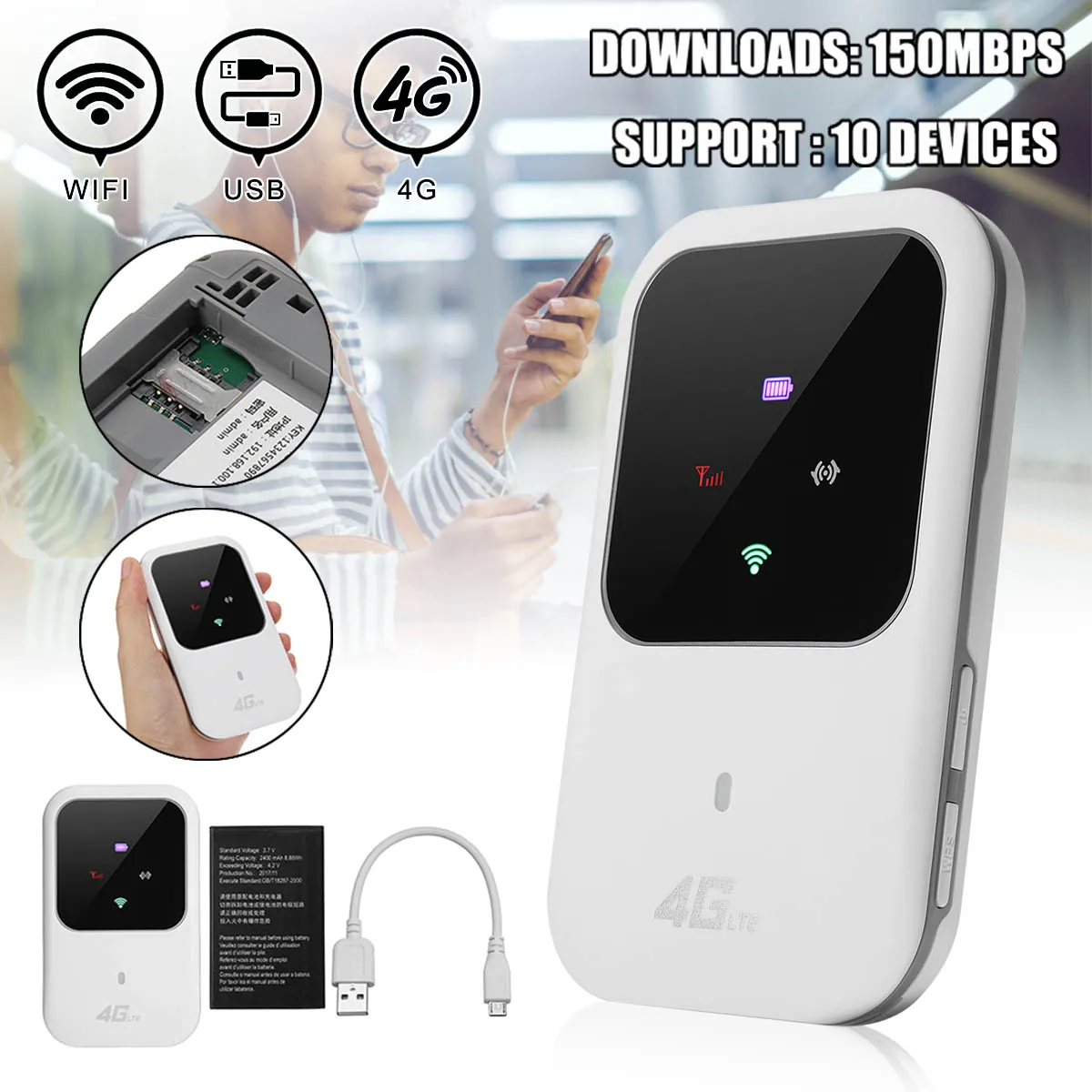 

4G LTE Mobile WiFi Wireless Router Hotspot LED Lights Supports 10 Users Portable Router Modem for Car Home Mobile Travel Camping