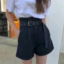 2019 Summer Women High Waist Denim Shorts Streetwear Vintage Cotton Shorts Belted Sexy Female Jeans Shorts o ring detail self belted shorts