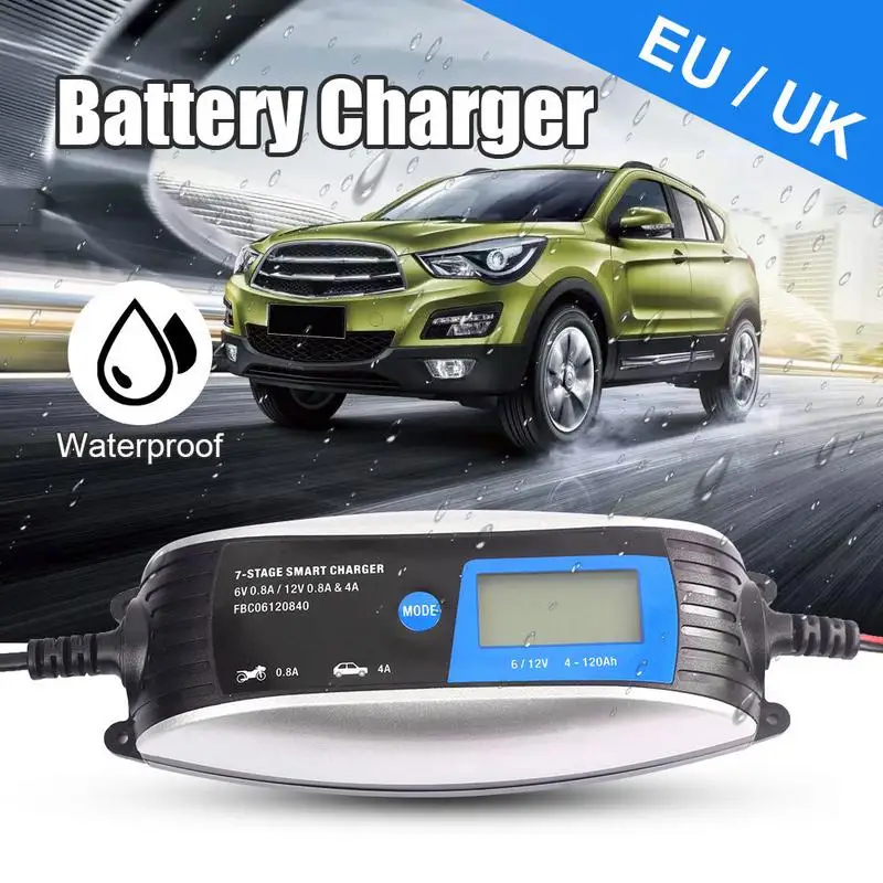 

New Safe 6V 12V 0.8A 4A Car Battery Charger Fully Intelligent Repair Lead Acid Storage Charger Moto Intelligent LCD Display