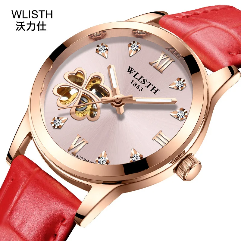 

WLISTH Luxury Watches Woman Mechanical Openwork Love Pattern Ladies Watch Automatic Waterproof Luminous Pointer Leather Watch