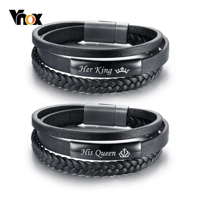 Vnox His Queen and Her King Couple Bracelets Black Braided Genuine Leather Promise Love pulseira Gifts Vnox His Queen and Her King Couple Bracelets Black Braided Genuine Leather Promise Love pulseira Gifts