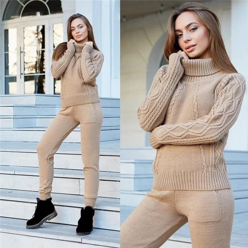 

Winter Casual Knitted Warm Suit Turtleneck Sweater Cashmere Pants Loose Two-piece Set Knit Suit Tracksuit