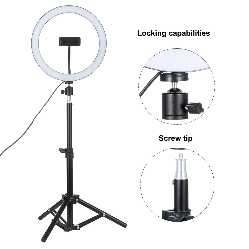 5 в постоянного тока 7 Вт Светодиодный светильник, круглая лампа для селфи-камеры, Телескопический штатив, 10 уровней изменения температуры/угол поворота на 360 °