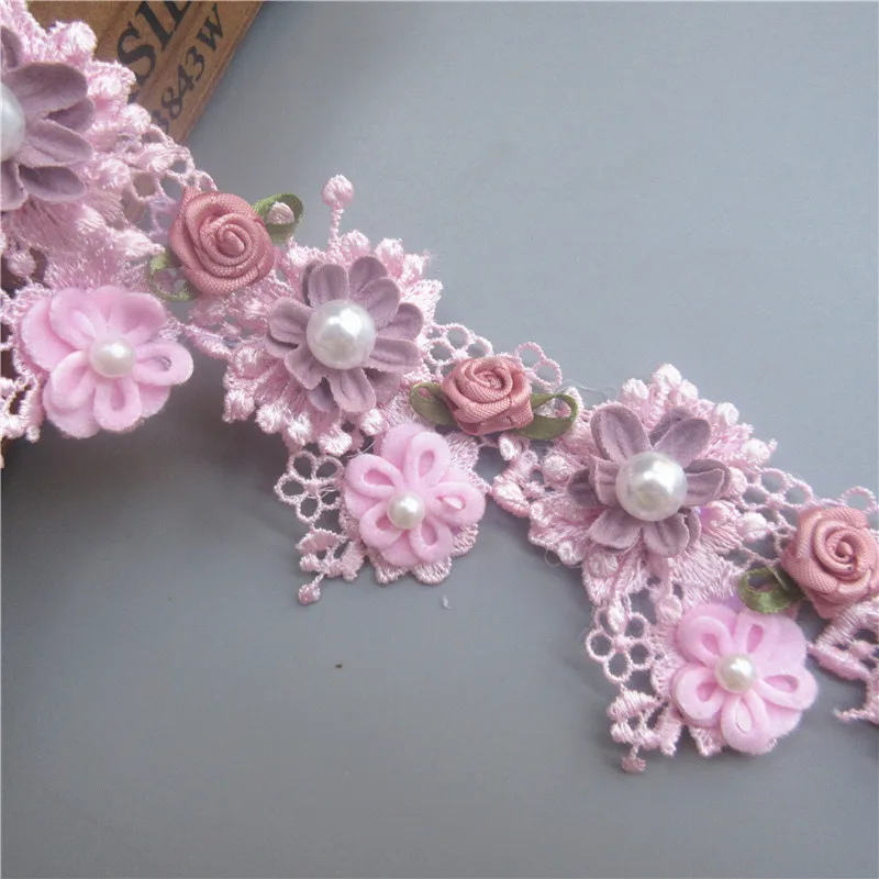 1yard Pink Pearl Rose Flower Embroidered Lace Trim Ribbon Fabric Sewing Supplies Craft DIY For Costume Dress Hat Decoration | Дом и сад