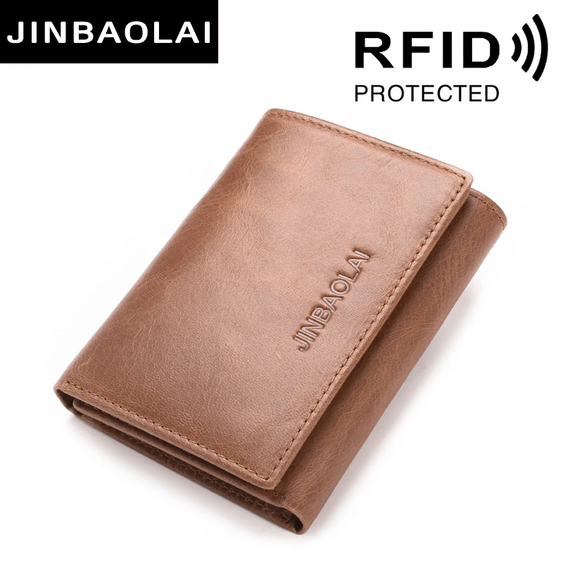 

Trifold Genuine Leather Mens Small Wallet Vintage RFID Blocking Wallet Credit Cards Holder Wallet With Hasp Fishon Men's Purse