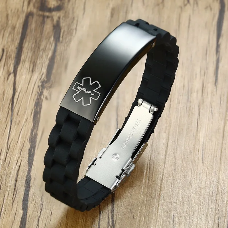 

Personalized Adjustable Black Silicone Medical Alert ID Tag Bracelet for Men Engravable Sport MedicAlert IDs